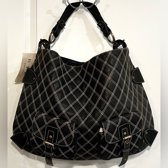 NEW Hype Leather Quilted Large Hobo Black Bag Gold Trim Exterior Pockets Purse